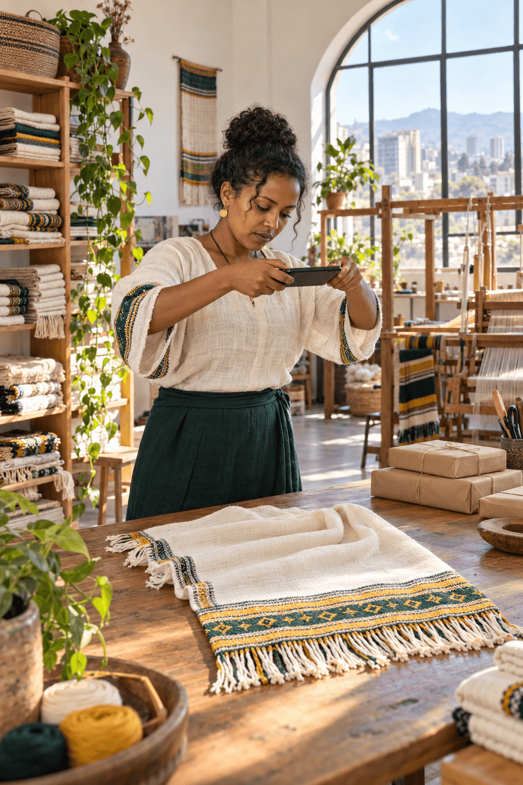 Illustration: an Ethiopian textile entrepreneur photographing a handwoven scarf with her phone in her sunlit workshop, with shelves of folded fabric, parcels ready to ship and a loom behind her.